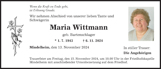Traueranzeige von Maria Wittmann von Mindelheimer Zeitung