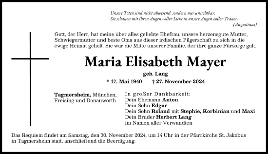 Traueranzeige von Maria Elisabeth Mayer von Donauwörther Zeitung