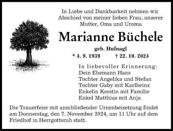 Traueranzeige von Marianne Büchele von Augsburger Allgemeine