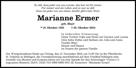 Traueranzeige von Marianne Ermer von Augsburger Allgemeine