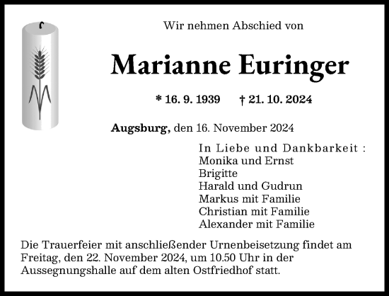 Traueranzeige von Marianne Euringer von Augsburger Allgemeine