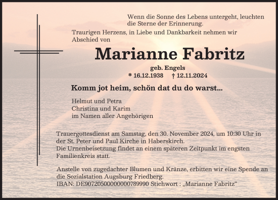 Traueranzeige von Marianne Fabritz von Friedberger Allgemeine, Augsburger Allgemeine