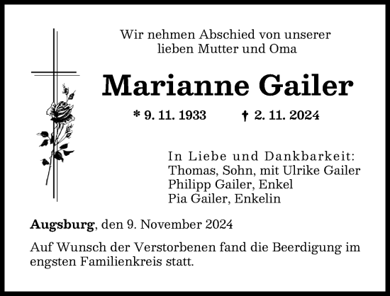 Traueranzeige von Marianne Gailer von Augsburger Allgemeine