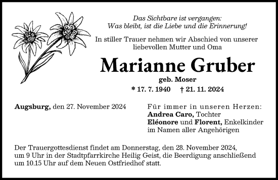 Traueranzeige von Marianne Gruber von Augsburger Allgemeine
