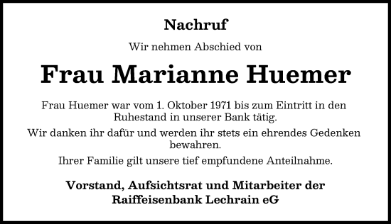 Traueranzeige von Marianne Huemer von Landsberger Tagblatt