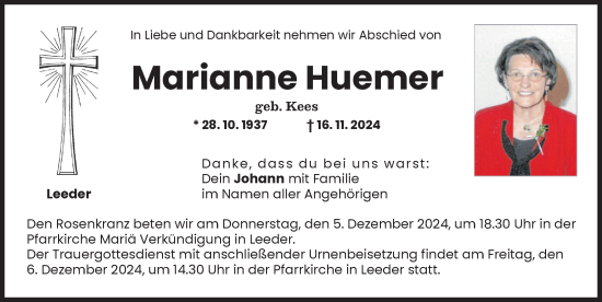 Traueranzeige von Marianne Huemer von Landsberger Tagblatt