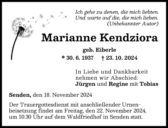 Traueranzeige von Marianne Kendziora von Neu-Ulmer Zeitung