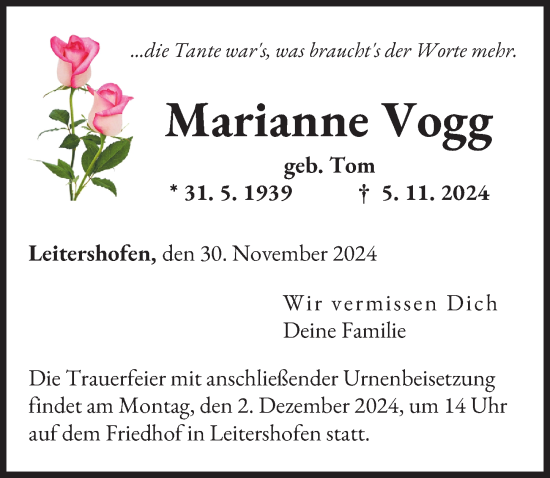 Traueranzeige von Marianne Vogg von Augsburger Allgemeine