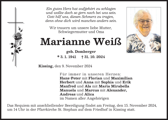 Traueranzeige von Marianne Weiß von Friedberger Allgemeine