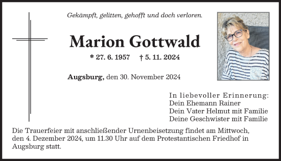Traueranzeige von Marion Gottwald von Augsburger Allgemeine
