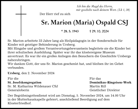Traueranzeige von Marion Ospald von Mittelschwäbische Nachrichten