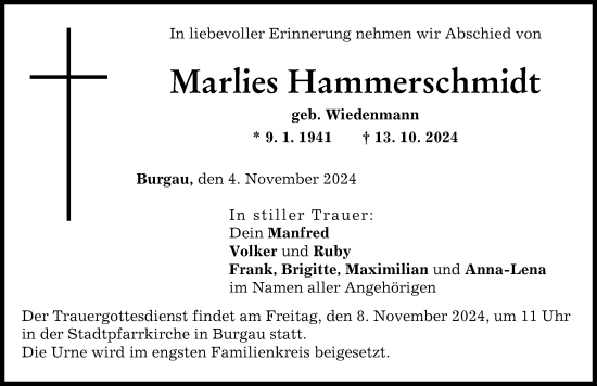 Traueranzeige von Marlies Hammerschmidt von Günzburger Zeitung