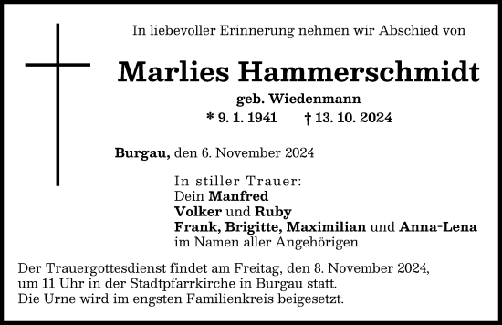 Traueranzeige von Marlies Hammerschmidt von Mittelschwäbische Nachrichten