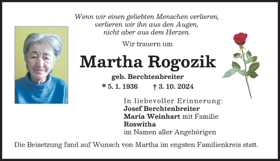 Traueranzeige von Martha Rogozik von Wertinger Zeitung