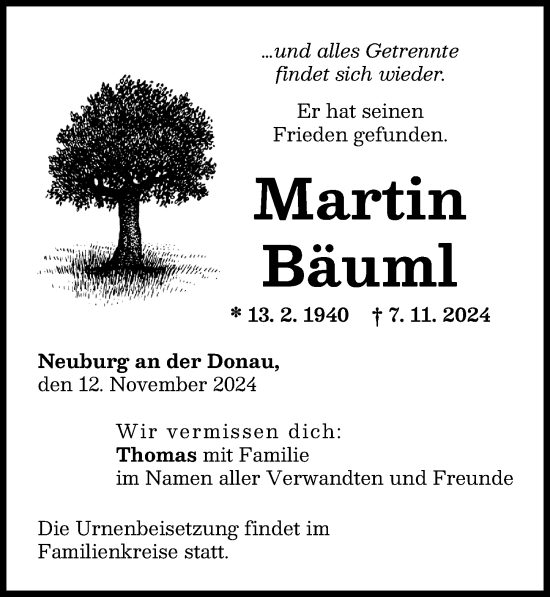 Traueranzeige von Martin Bäuml von Neuburger Rundschau
