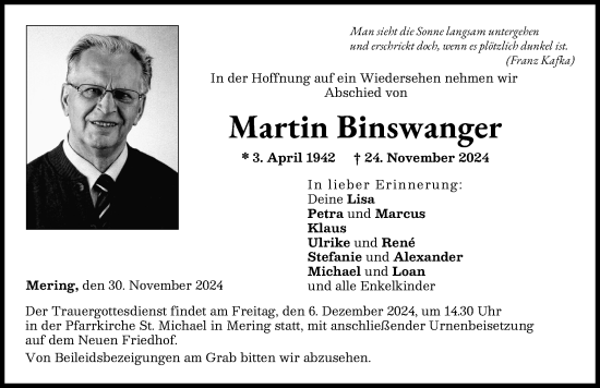 Traueranzeige von Martin Binswanger von Friedberger Allgemeine, Donau Zeitung
