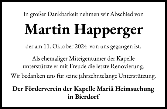 Traueranzeige von Martin Happerger von Ammersee Kurier
