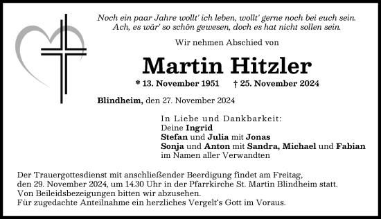 Traueranzeige von Martin Hitzler von Donau Zeitung