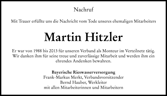 Traueranzeige von Martin Hitzler von Donau Zeitung