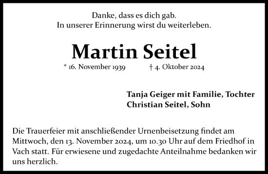 Traueranzeige von Martin Seitel von Schwabmünchner Allgemeine