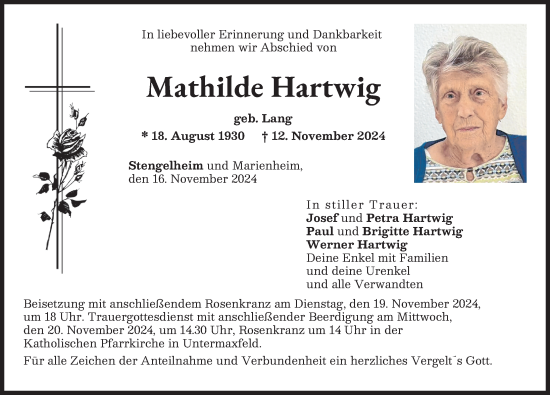 Traueranzeige von Mathilde Hartwig von Neuburger Rundschau