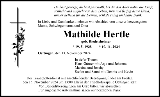 Traueranzeige von Mathilde Hertle von Rieser Nachrichten