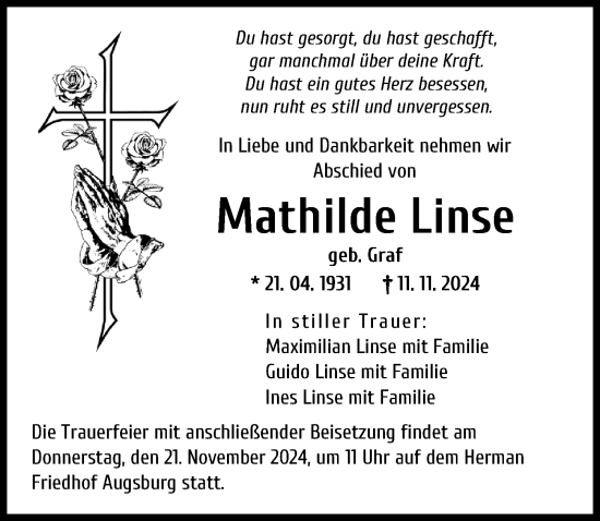 Traueranzeige von Mathilde Linse von Augsburger Allgemeine