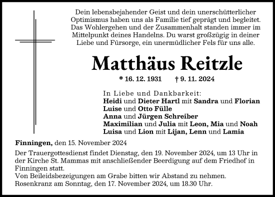 Traueranzeige von Matthäus Reitzle von Augsburger Allgemeine, Neu-Ulmer Zeitung