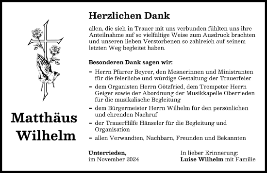 Traueranzeige von Matthäus Wilhelm von Mindelheimer Zeitung
