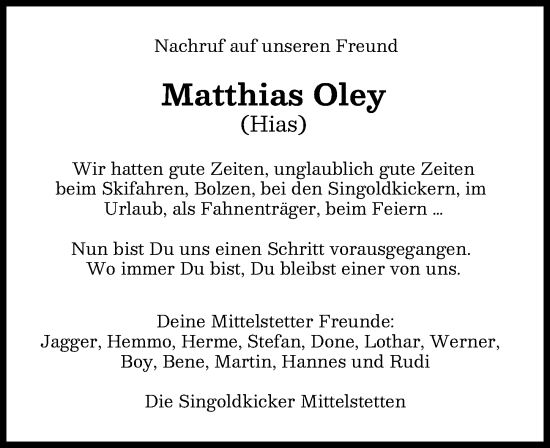 Traueranzeige von Matthias Oley von Schwabmünchner Allgemeine
