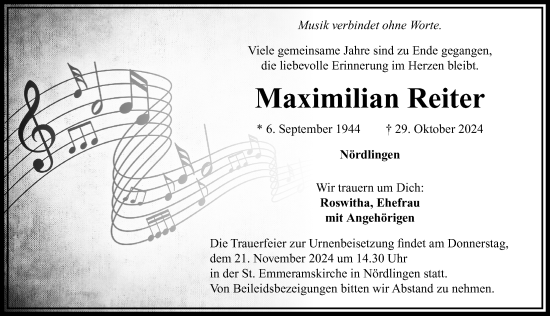 Traueranzeige von Maximilian Reiter von Rieser Nachrichten
