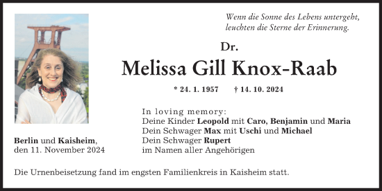 Traueranzeige von Melissa Gill Knox-Raab von Donauwörther Zeitung