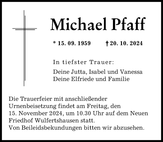 Traueranzeige von Michael Pfaff von Augsburger Allgemeine