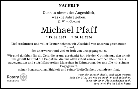 Traueranzeige von Michael Pfaff von Friedberger Allgemeine