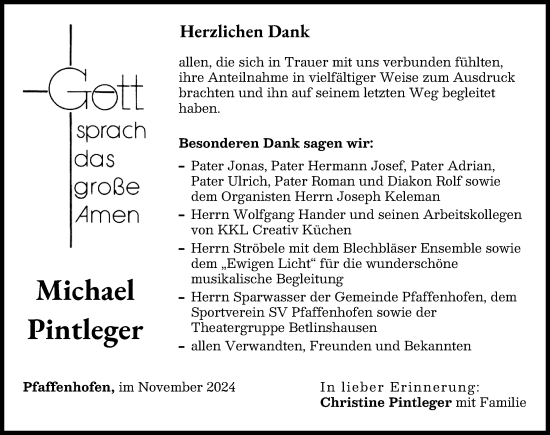 Traueranzeige von Michael Pintleger von Neu-Ulmer Zeitung