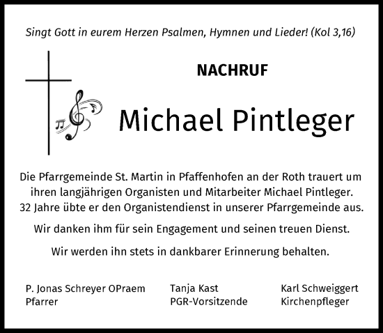 Traueranzeige von Michael Pintleger von Neu-Ulmer Zeitung