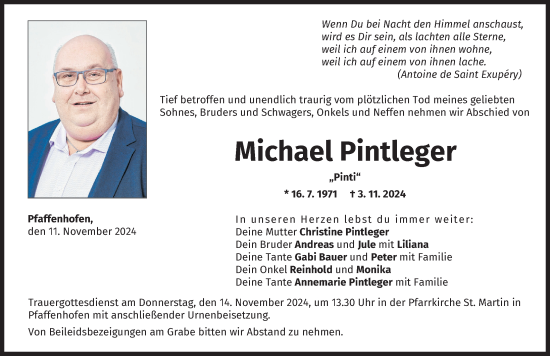 Traueranzeige von Michael Pintleger von Neu-Ulmer Zeitung