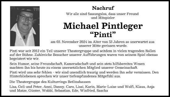Traueranzeige von Michael Pintleger von Neu-Ulmer Zeitung, Illertisser Zeitung
