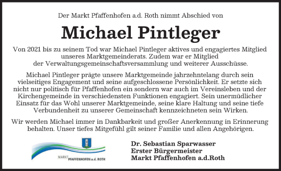Traueranzeige von Michael Pintleger von Neu-Ulmer Zeitung