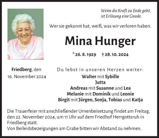 Traueranzeige von Mina Hunger von Friedberger Allgemeine