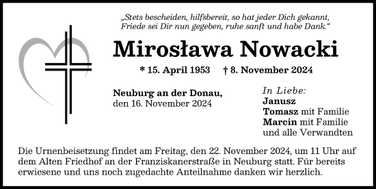 Traueranzeige von Miroslawa Nowacki von Neuburger Rundschau
