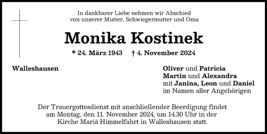 Traueranzeige von Monika Kostinek von Landsberger Tagblatt