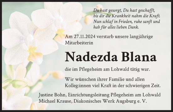 Traueranzeige von Nadezda Blana von Augsburger Allgemeine