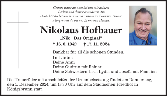 Traueranzeige von Nikolaus Hofbauer von Augsburger Allgemeine