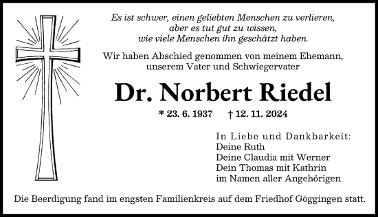Traueranzeige von Norbert Riedel von Augsburger Allgemeine