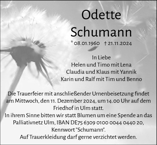 Traueranzeige von Odette Schumann von Augsburger Allgemeine, Neu-Ulmer Zeitung