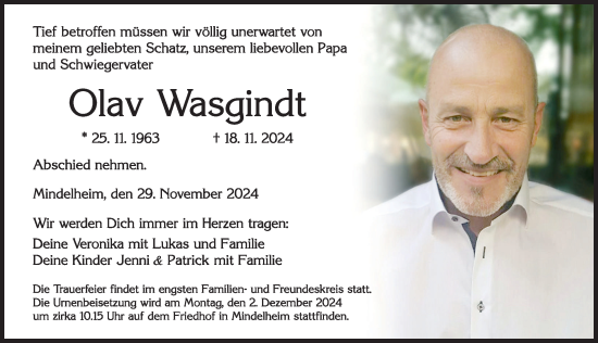 Traueranzeige von Olav Wasgindt von Mindelheimer Zeitung