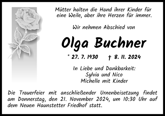 Traueranzeige von Olga Buchner von Augsburger Allgemeine