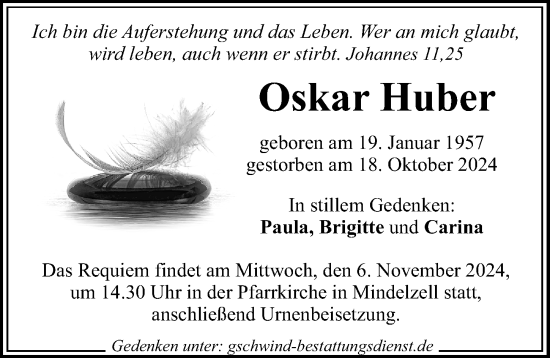 Traueranzeige von Oskar Huber von Mittelschwäbische Nachrichten