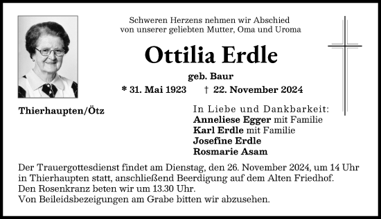 Traueranzeige von Ottilia Erdle von Augsburg-Land